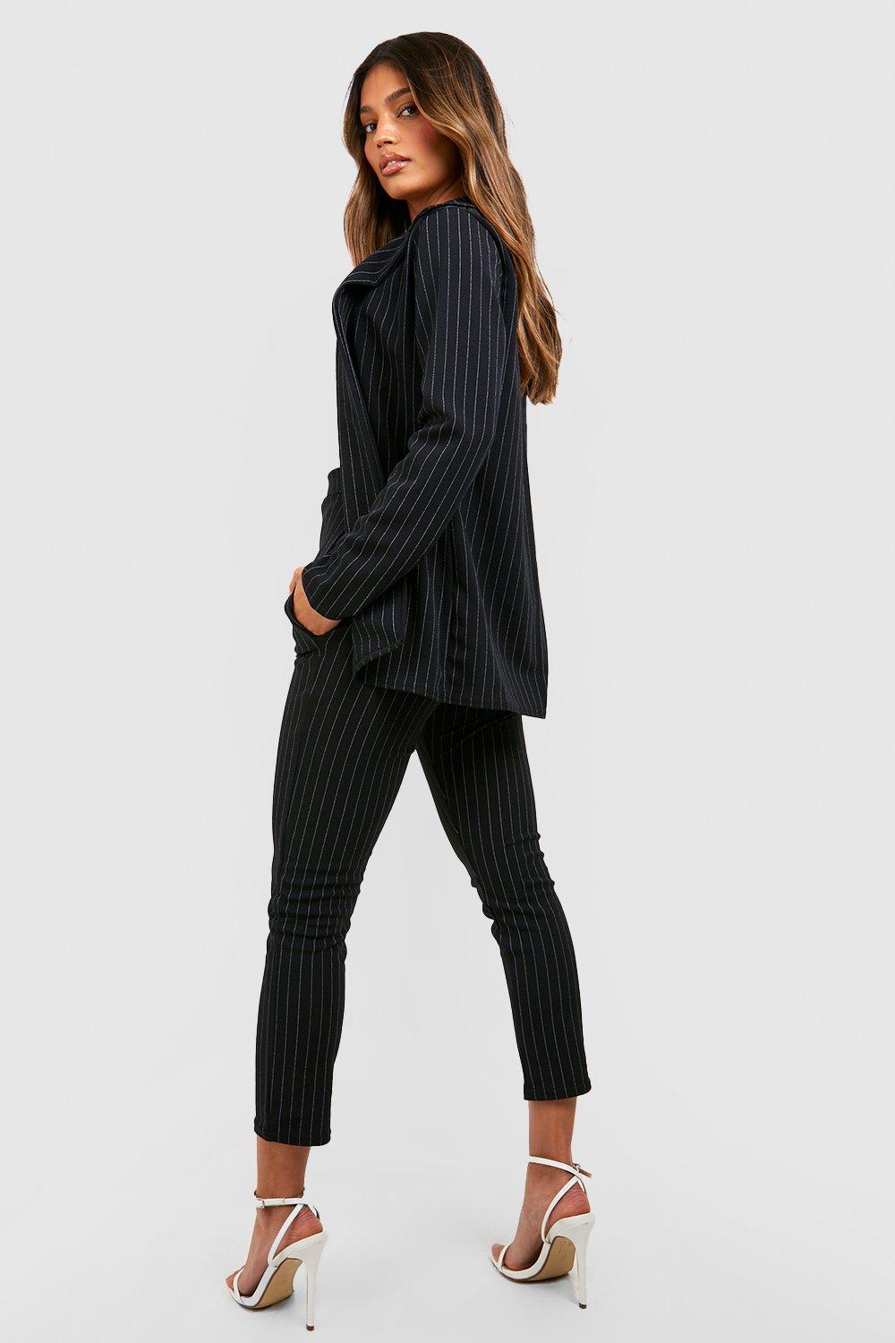 Natural blazer and tonal stripe trousers Boohoo two-piece suit, black