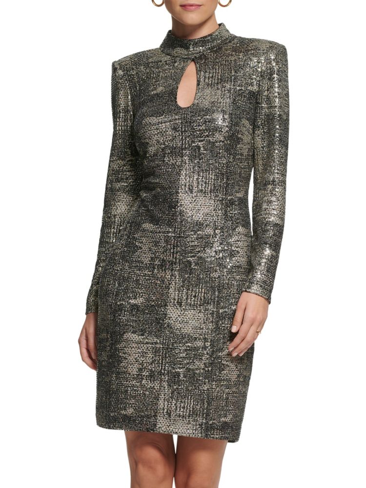 Vince Camuto Knit Sheath Dress with Metallic Piping in Black Gold