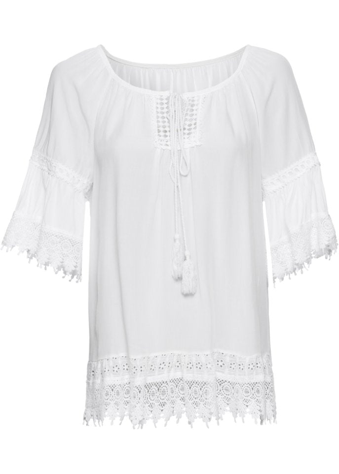 Bodyflirt tunic with lace and ruffles, white