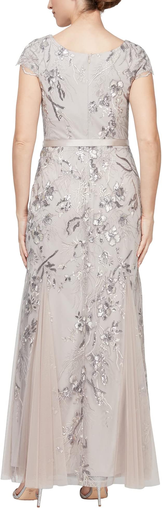 Long dress with embroidery and godet Alex Evenings, taupe