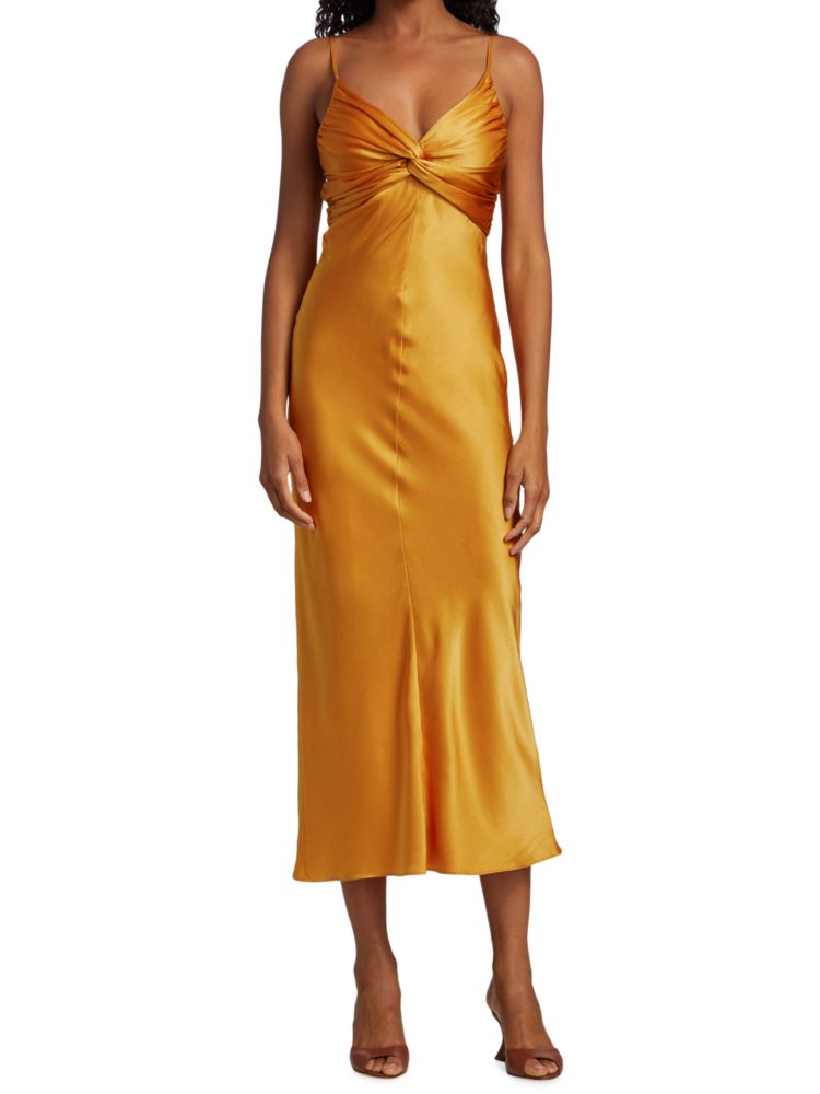 Sofia Tove Twisted Silk Midi Dress, Orange