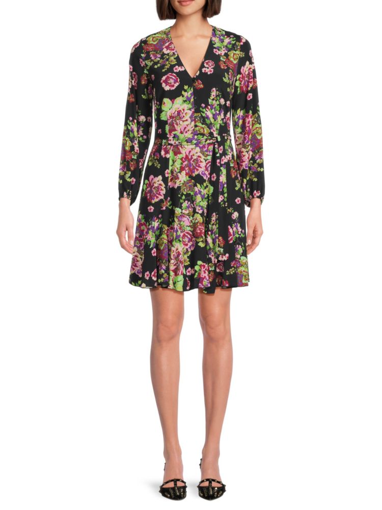 Pinko Floral Flare Mini Dress in Black Purple