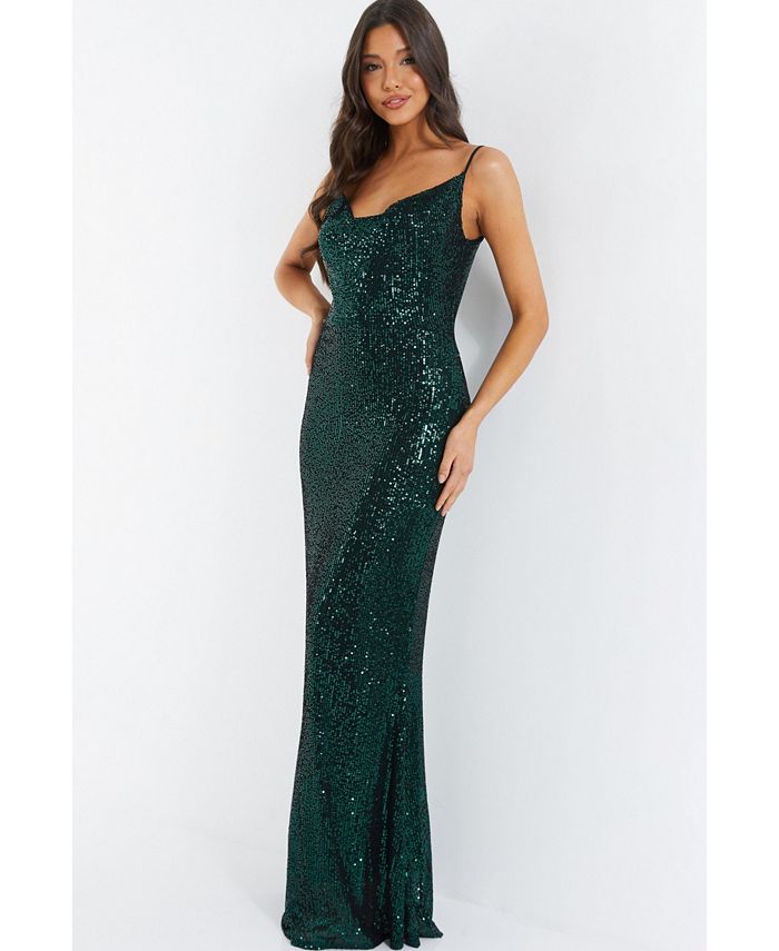 Women's Evening Dress with Cowl Collar and Fishtail Sequins QUIZ green