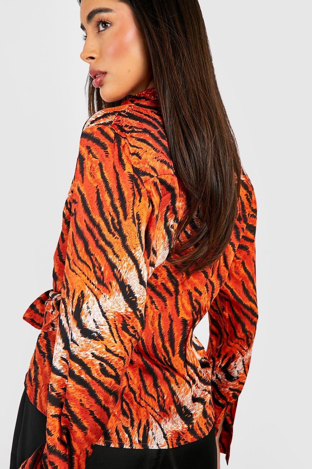 Boohoo Tie Front Tiger Print Shirt, Orange