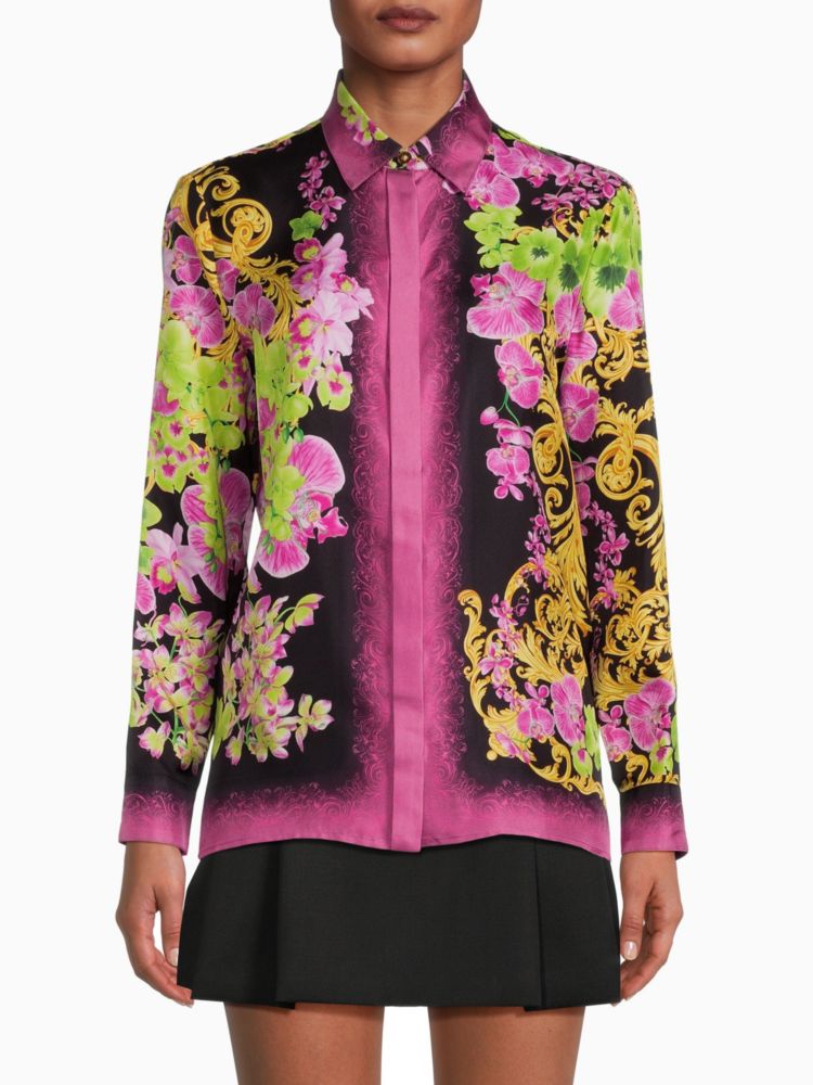 Versace Floral Silk Blouse in Black Pink