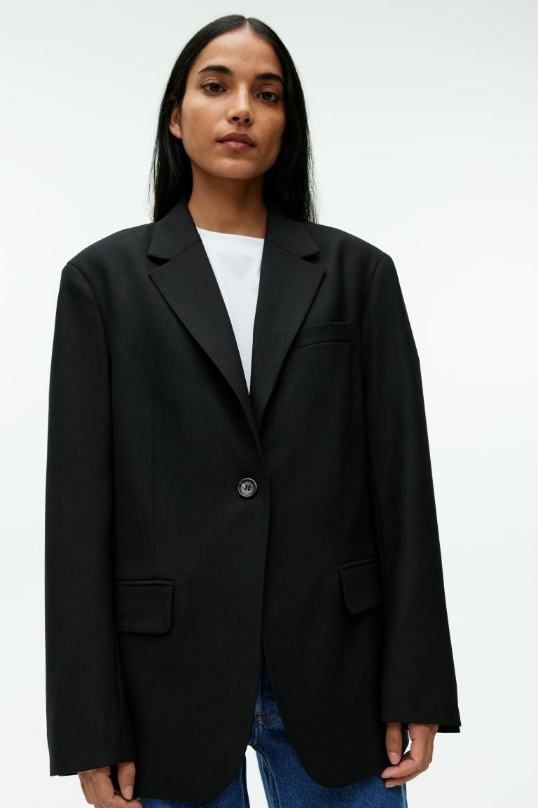 H&M Oversized Cotton Blend Twill Jacket, Black