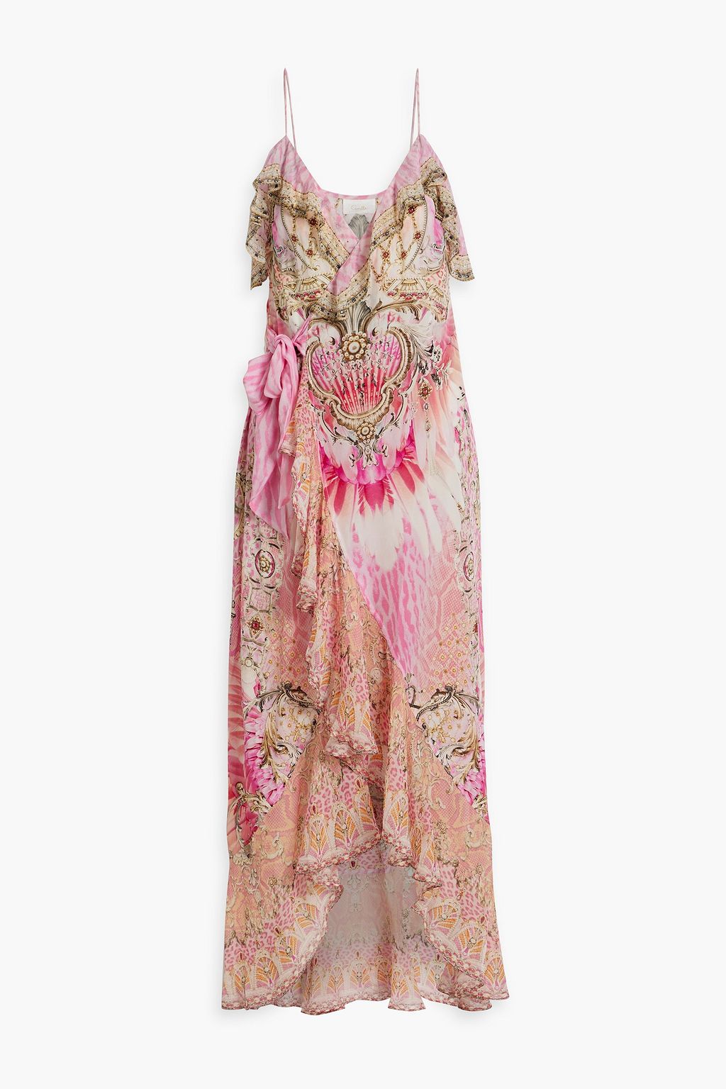 Silk chiffon wrap dress with embellished CAMILLA print, pink