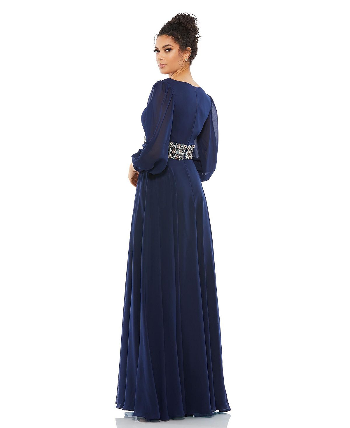 Women's Flowy Bishop Sleeve Wrap Over Belt Dress MAC DUGGAL