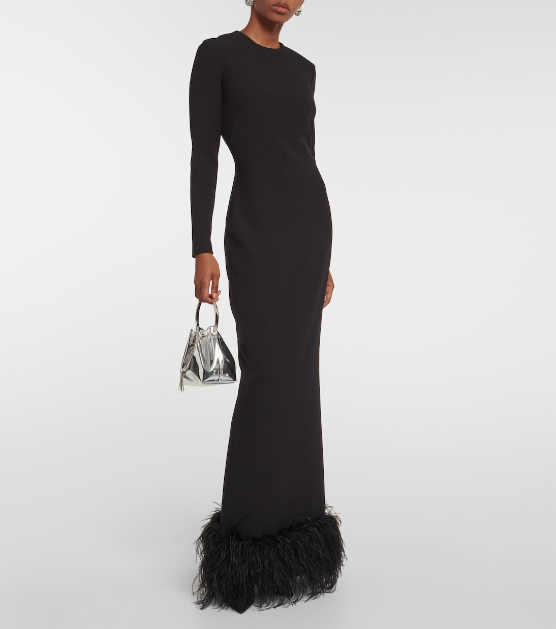 Safiyaa Crepe Feather Trim Dress, Black