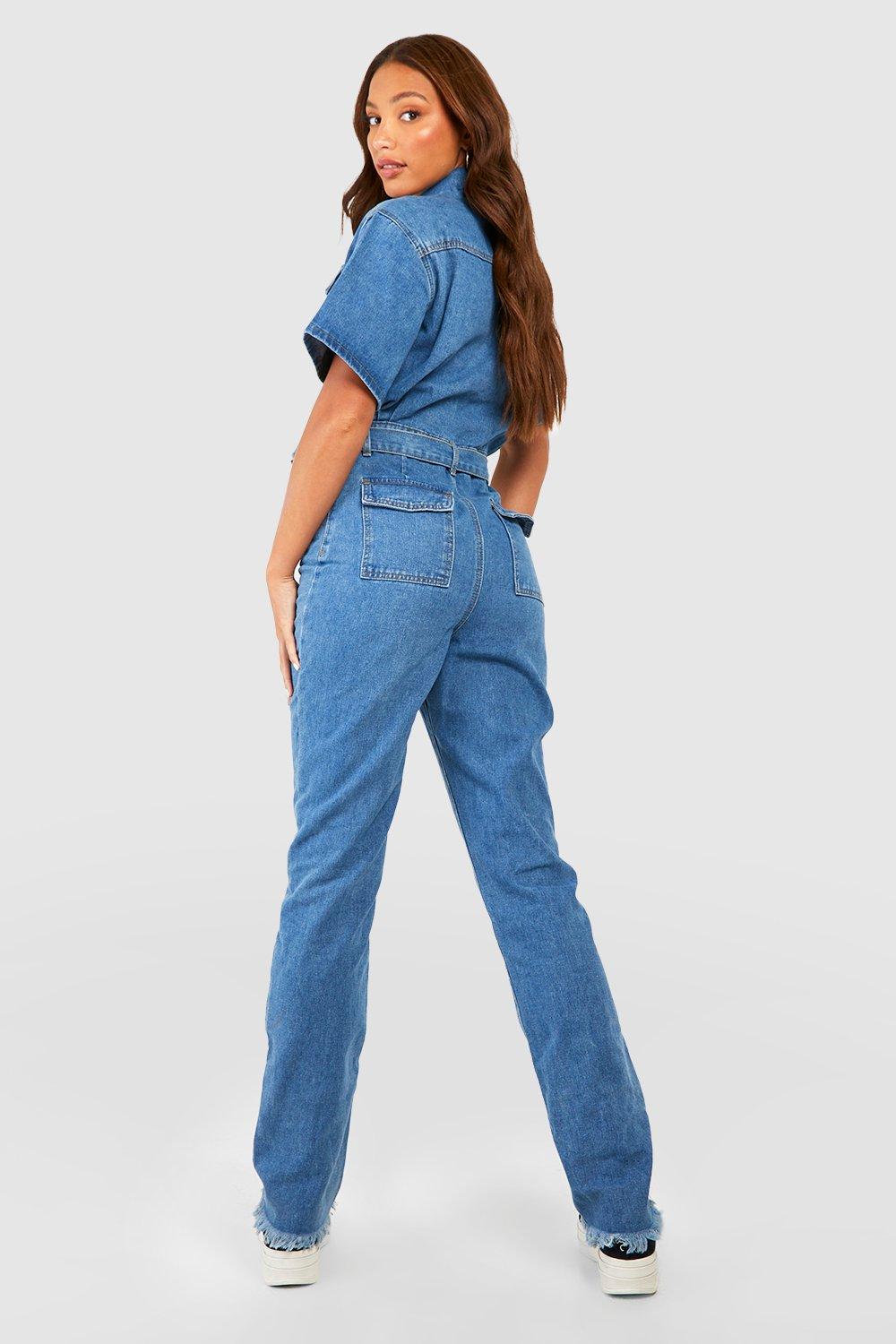 Boohoo Short Sleeve Belted Denim Cargo Overalls, Blue