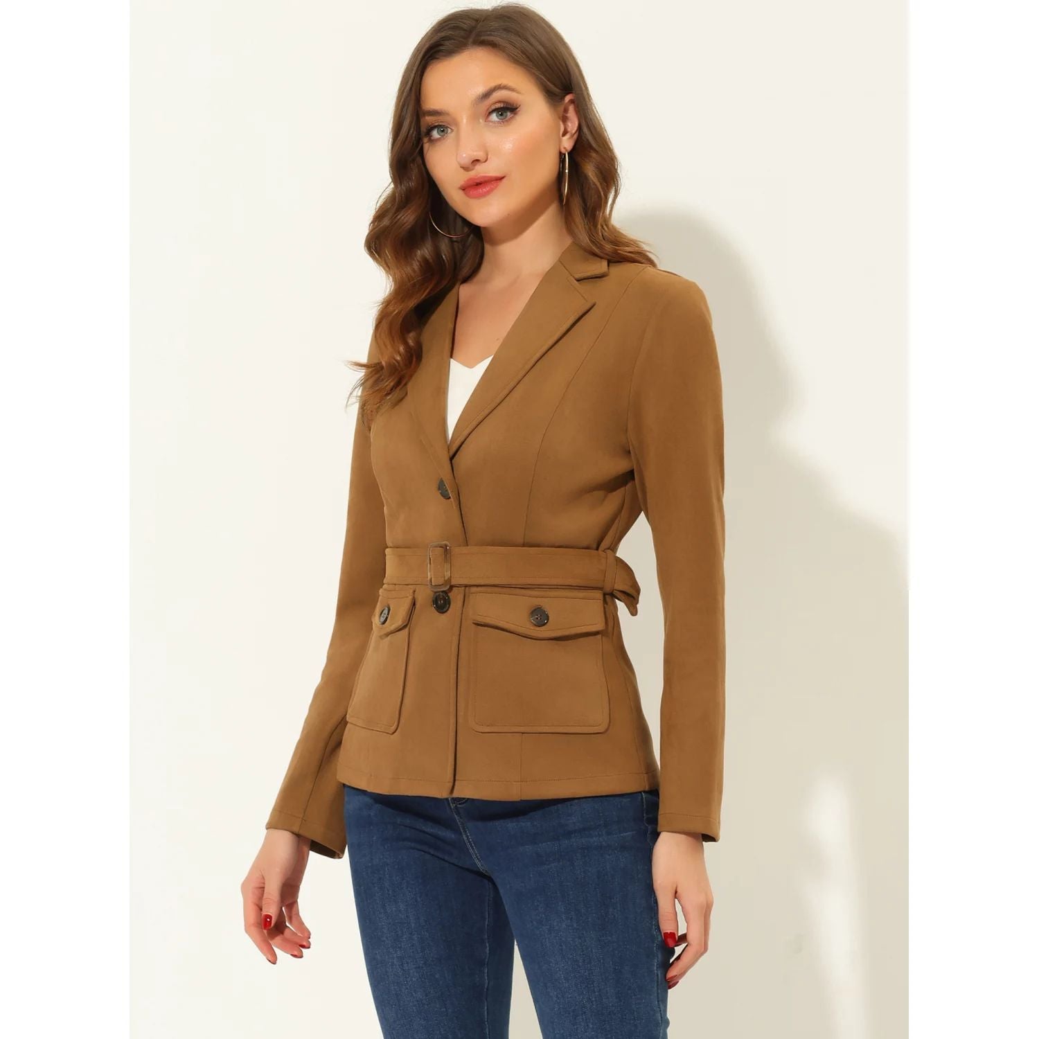 Women's single-breasted faux suede work jacket with belt and long sleeves ALLEGRA K ,  brown