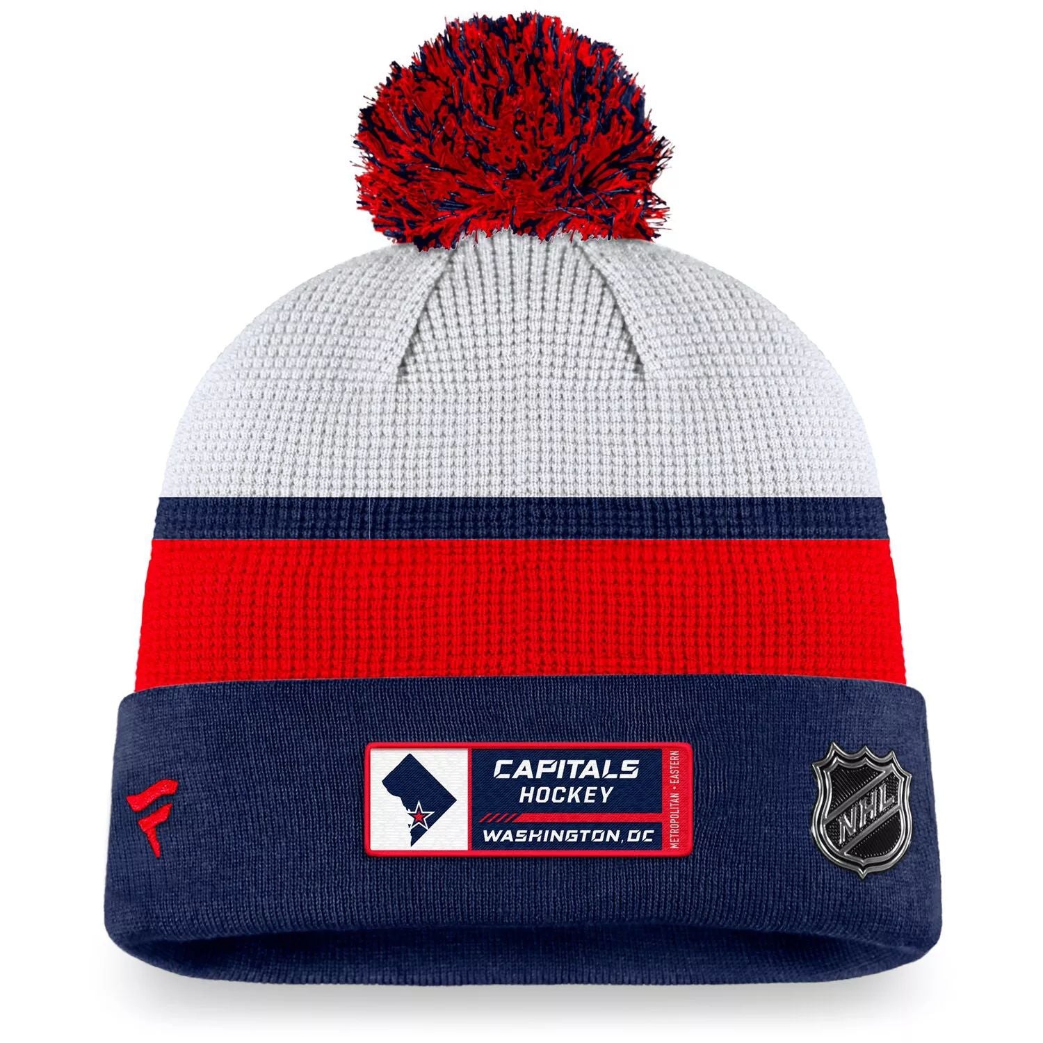 Fanatics Men's White/Navy Knitted Hat with Cuffs and Pom Pom Washington Capitals Authentic Pro Draft