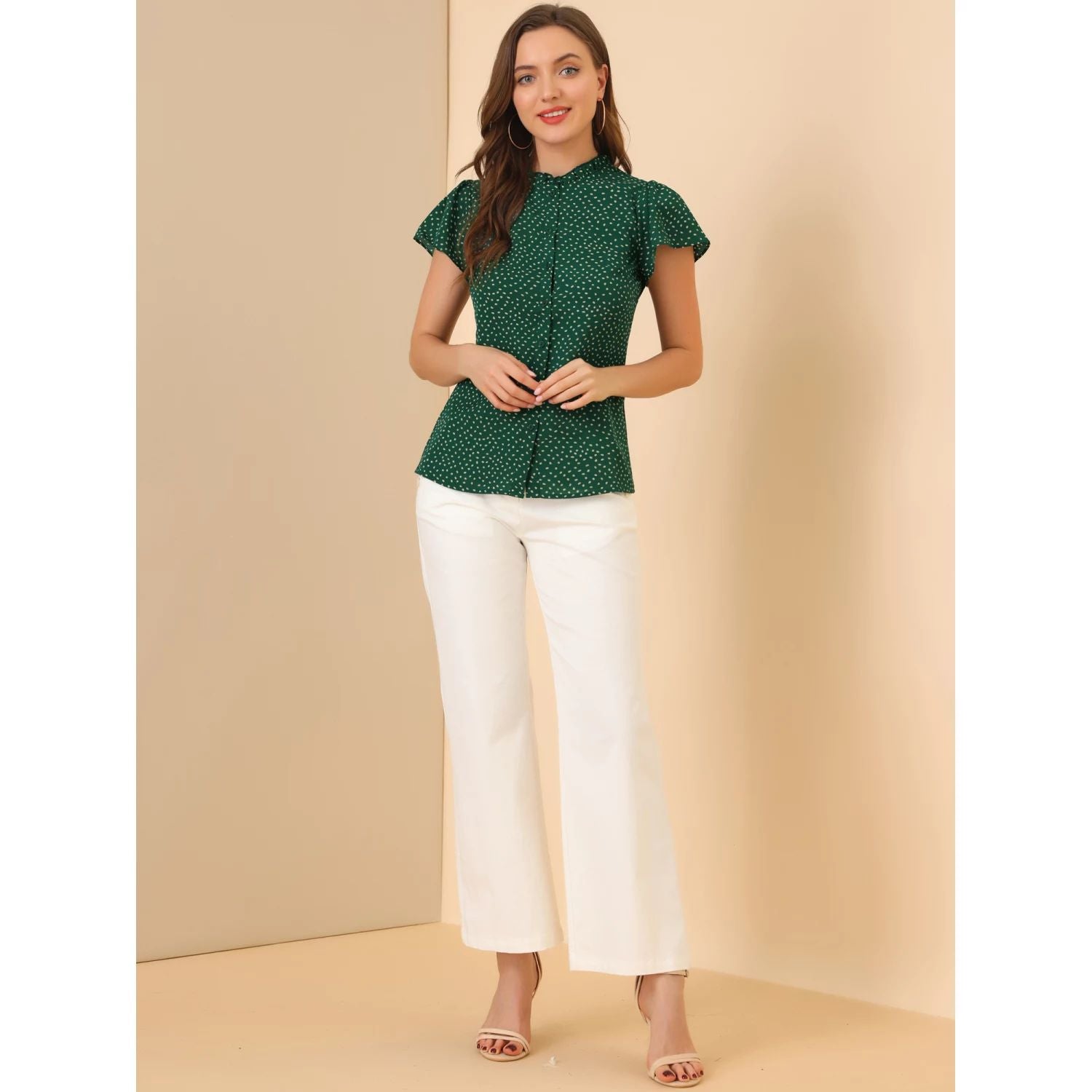 Women's summer button-down blouses with ruffles and stand-up collar with polka dots ALLEGRA K shirts