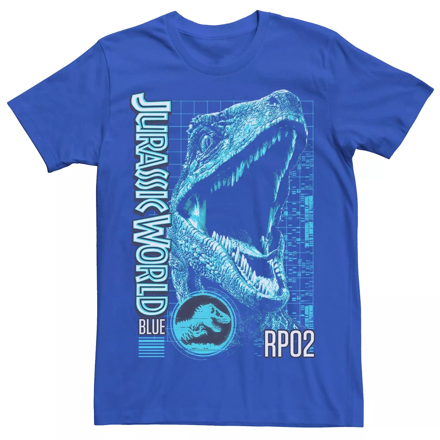 Men's Jurassic World Two Blue Face Tech Schematic Licensed Character T-Shirt