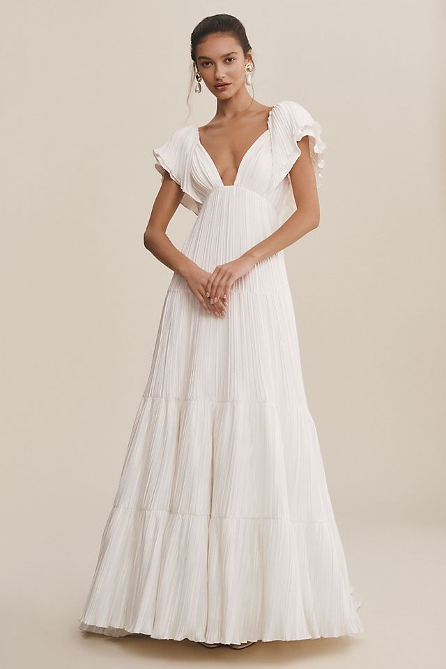 Bhldn Valerie Pleated Satin Wedding Dress with Flow Sleeves ivory