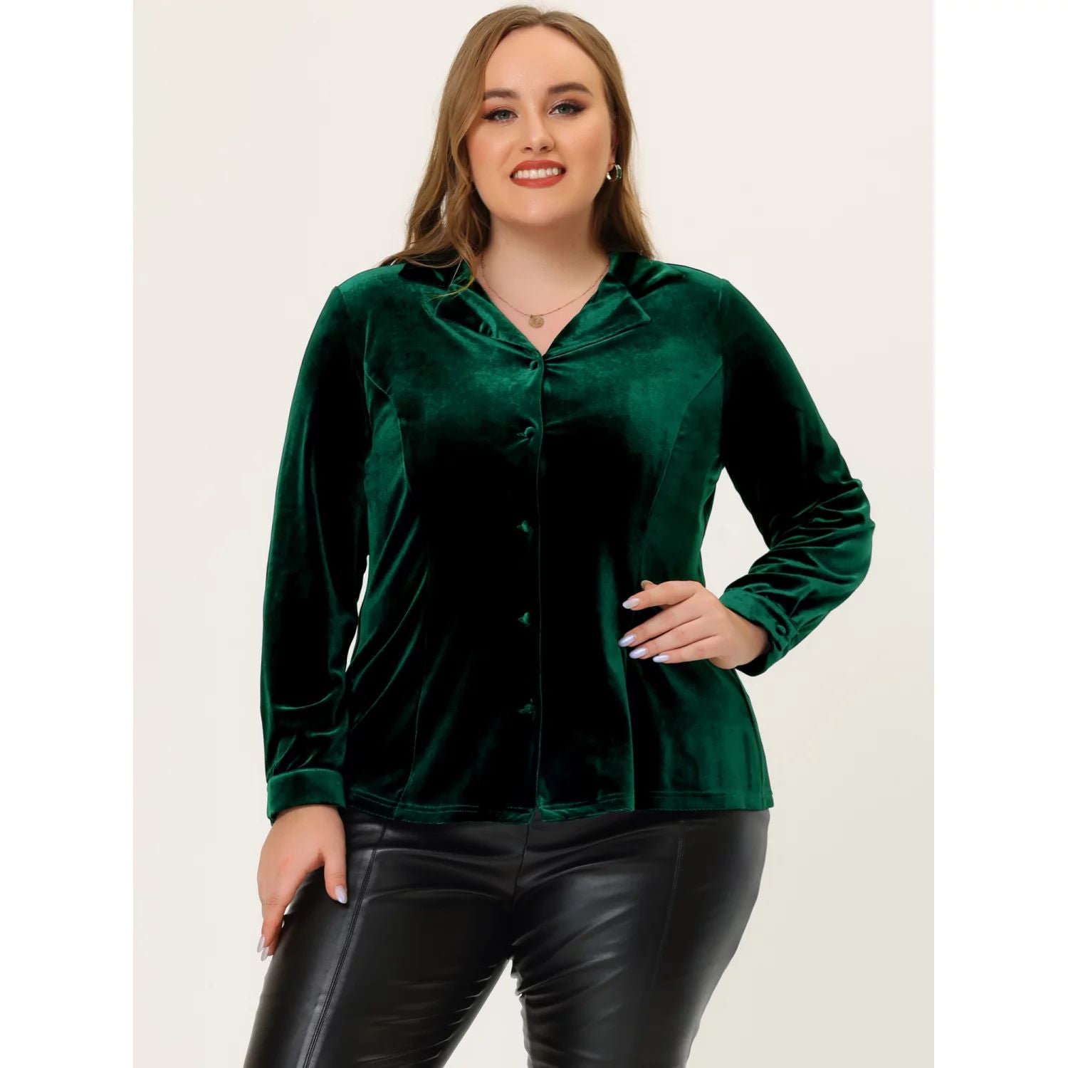 Agnes Orinda Women's Plus Size Velvet Long Sleeve Lapel Work Shirt ,  black