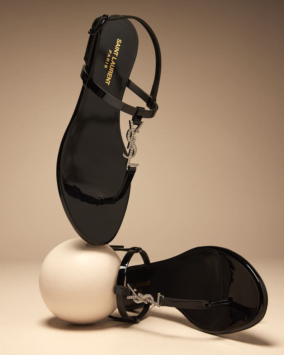 Cassandra YSL Flat Sandals with Rhinestone and Saint Laurent Medallion