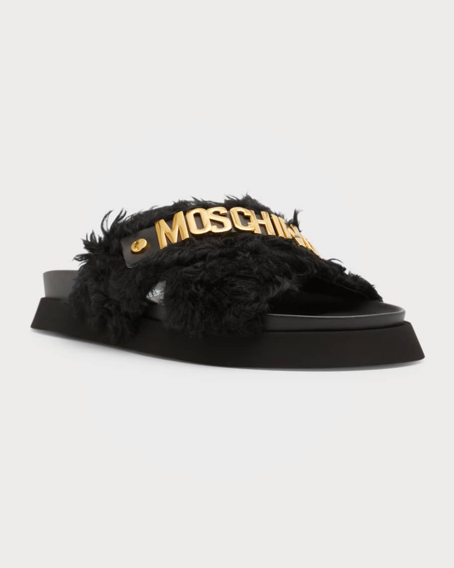 Men's Faux Fur Leather Slides with Moschino Logo