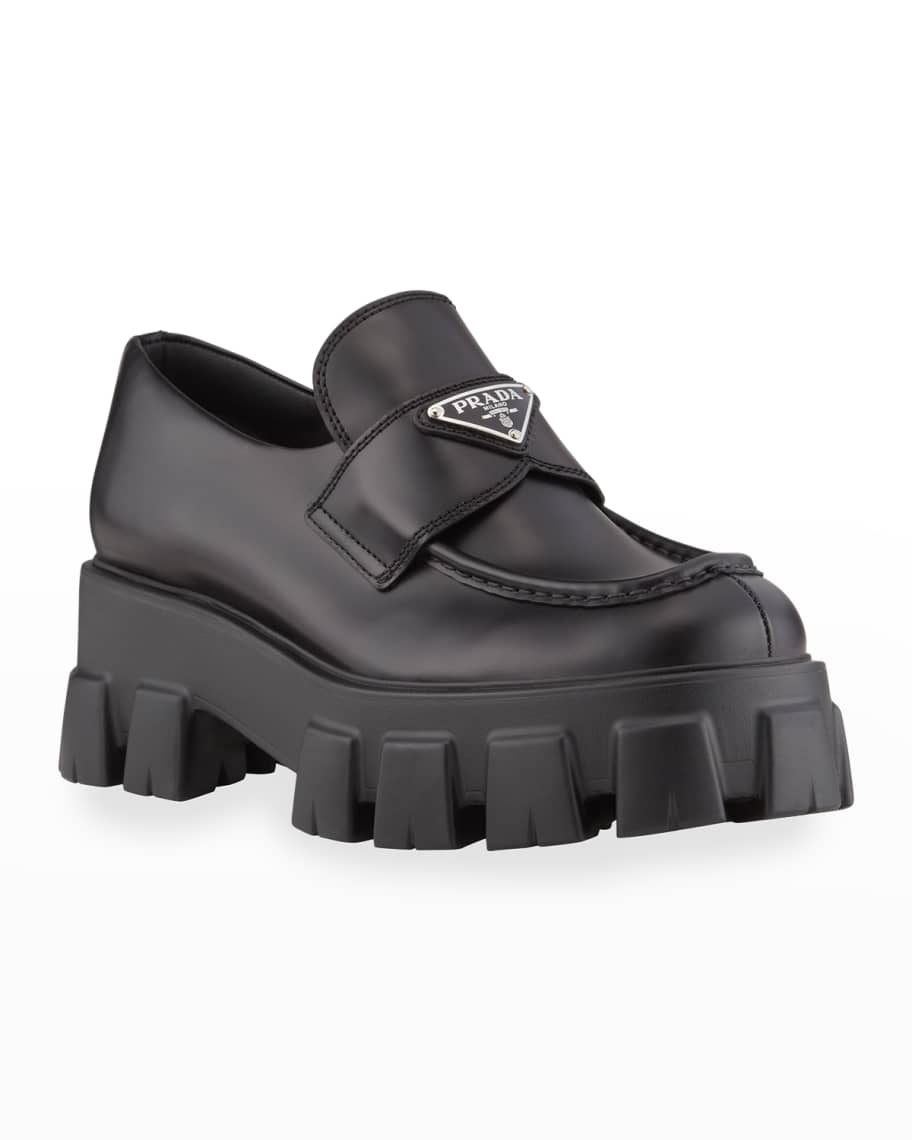 Leather platform loafers with Monolith Prada logo