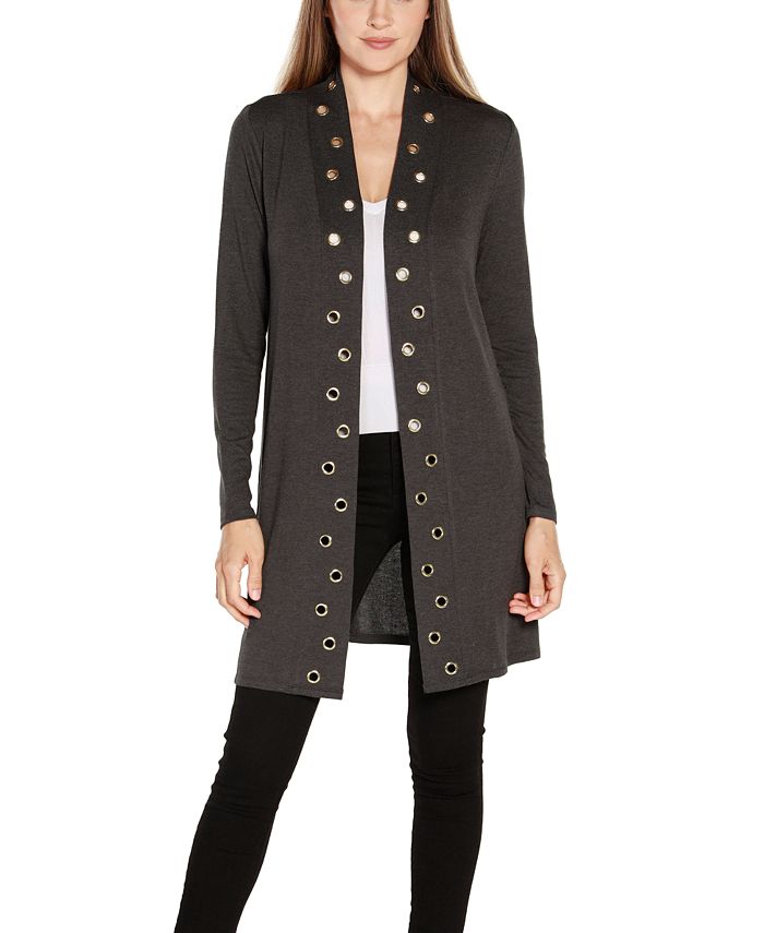 Women's Belldini Eyelet Trim Long Sleeve Cardigan in Heather Charcoal