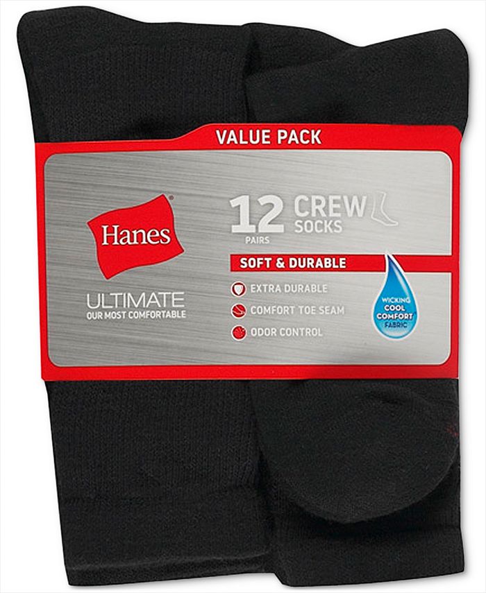 Men's 12-piece Hanes Ultimate Crew Socks, black