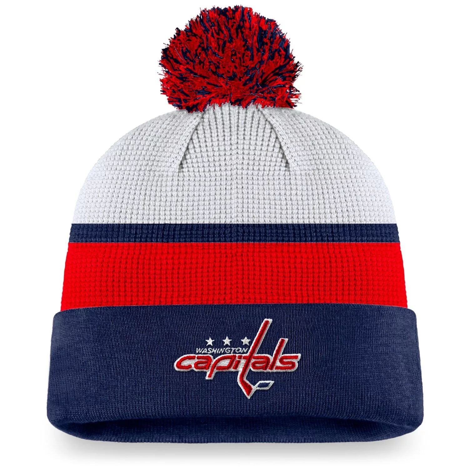 Fanatics Men's White/Navy Knitted Hat with Cuffs and Pom Pom Washington Capitals Authentic Pro Draft