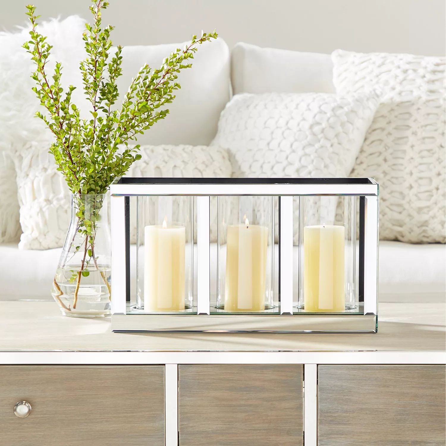 Stella & Eve Glam Rectangular wooden candle holder with mirror and three lamps