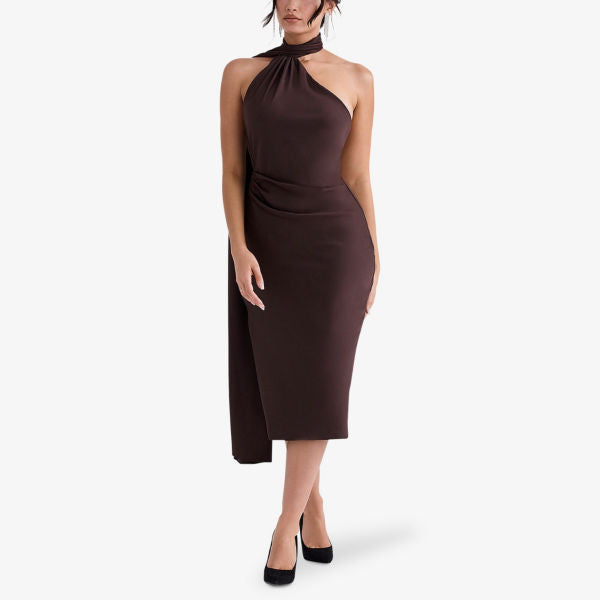 Angelina satin midi dress with House Of Cb wrap, color chocolate