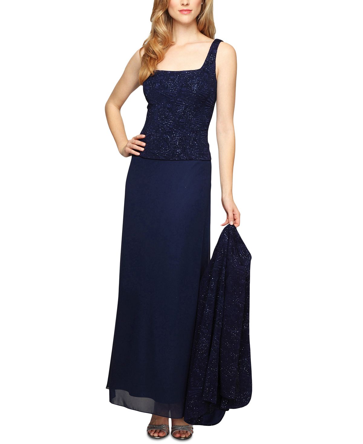 Dress and Jacket, Alex Evenings Sequined Pattern Evening Dress, Navy