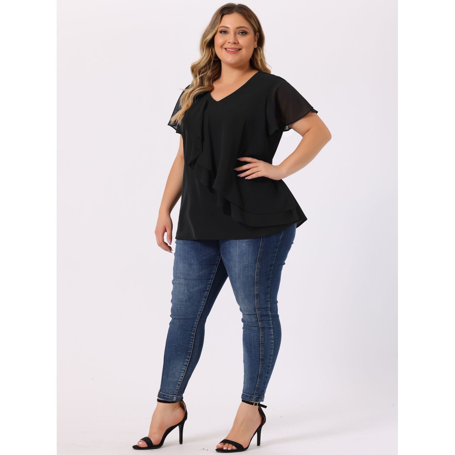 Women's Ruffle V-Neck Layered Blouses Plus Sizes Agnes Orinda flutter sleeve top, navy