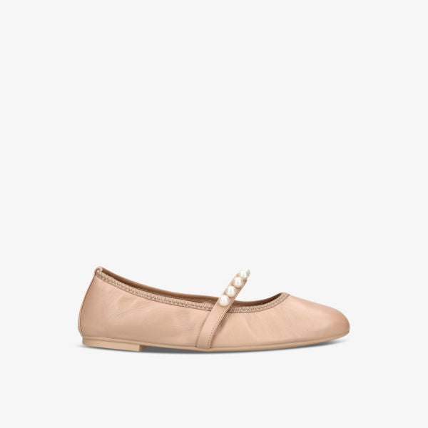 Stuart Weitzman Leather Goldie Ballerinas with Pearls, Tan