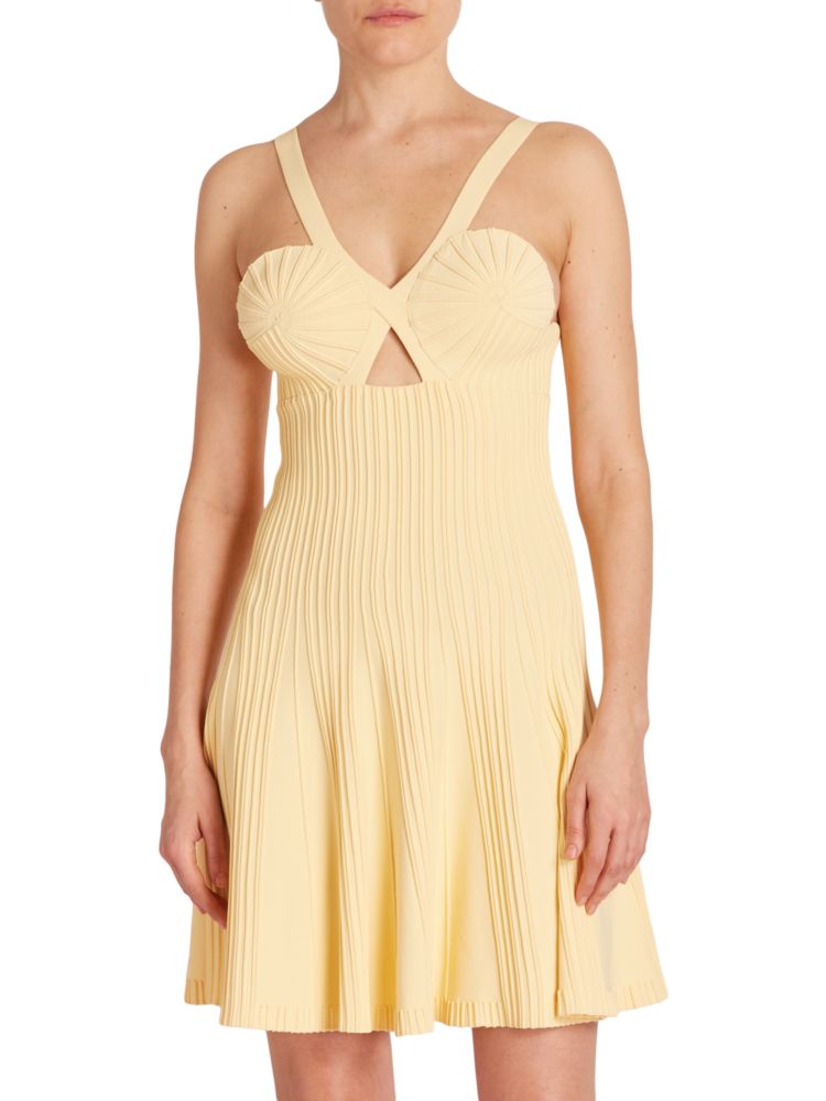 Alaïa Pleated Knit Dress with Pleated Skirt, Jaune Pale