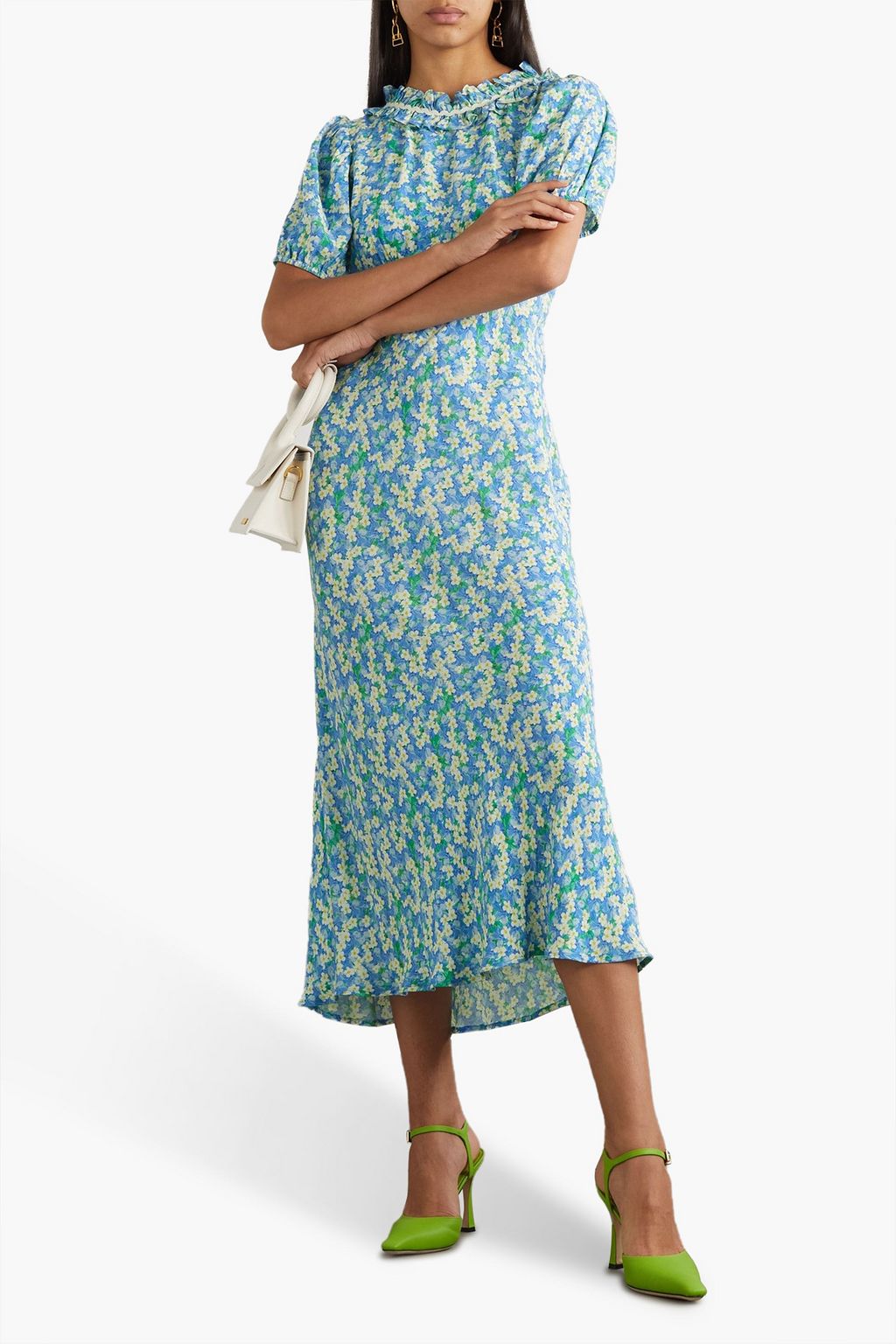 RIXO Floral Ruffle Voile Midi Dress Deia, Turquoise