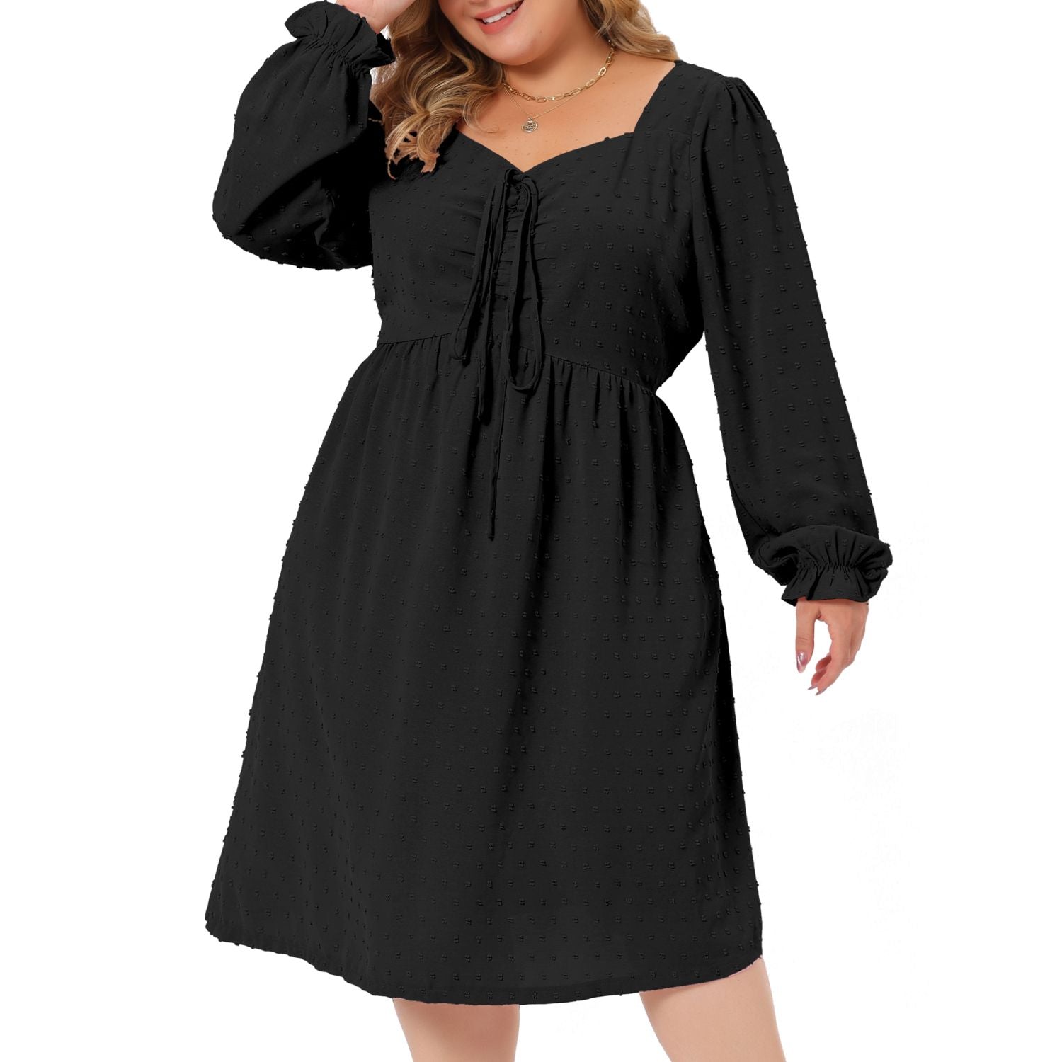 Women's plus size midi dresses with long sleeves cute dress with V-neck and bow tie, with ruffles Agnes Orinda Boho Swiss Polka Dot Babydoll Dress, Black