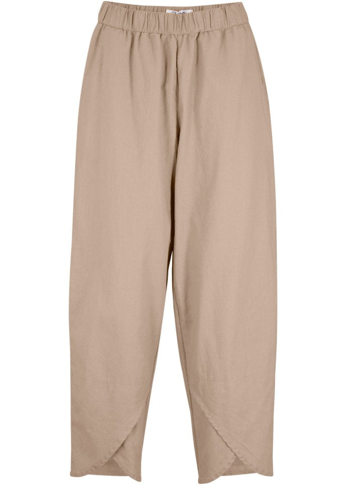 Ankleless linen trousers with high waist, comfortable waistband, loose fit Bpc Bonprix Collection ,  beige