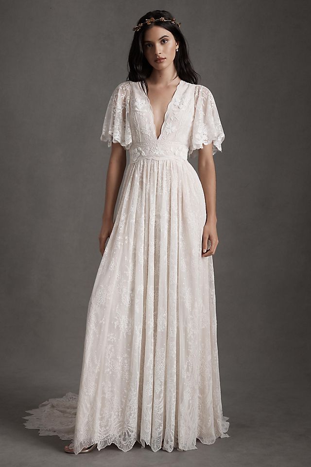 Bhldn Katarina Butterfly Sleeve Embroidered V-Neck Wedding Dress ivory