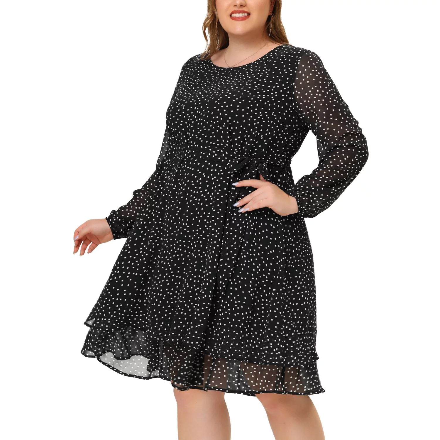 Agnes Orinda Women's Plus Size Long Sleeve Polka Dot Tie Waist Chiffon Dress ,  black