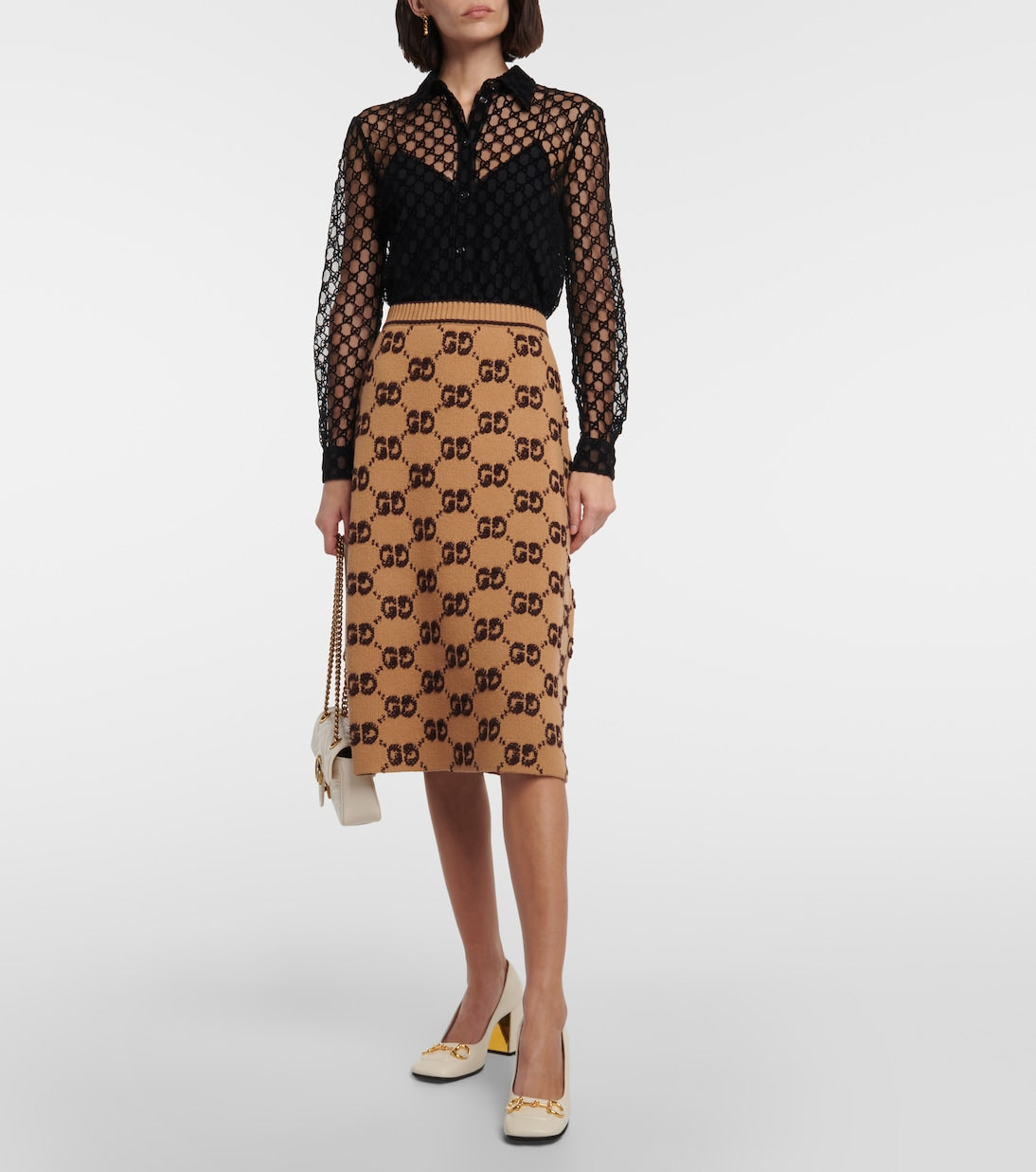 gg Gucci wool jacquard bouclé midi skirt, brown