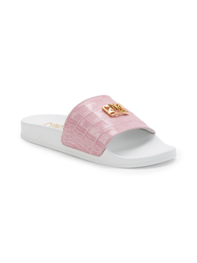 Cavalli Class By Roberto Cavalli Cross Embossed Leather Pool Slides, Pink