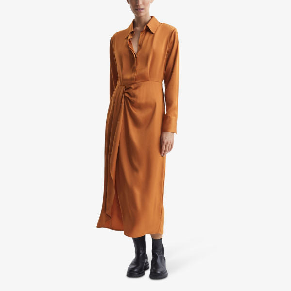 Arabella Satin Midi Shirt Dress with Reiss Draping, rust