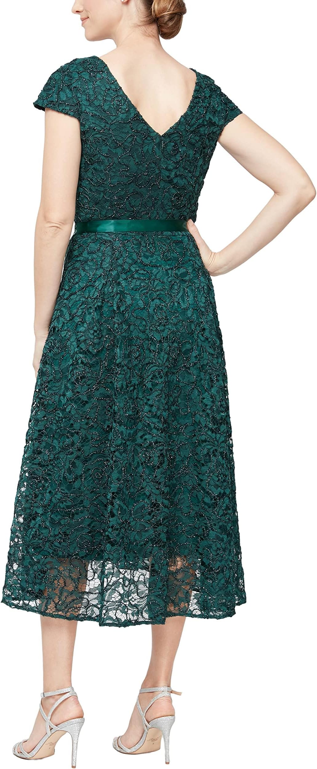 Alex Evenings High Low Short Sleeve Evening Dress Hunter Green color