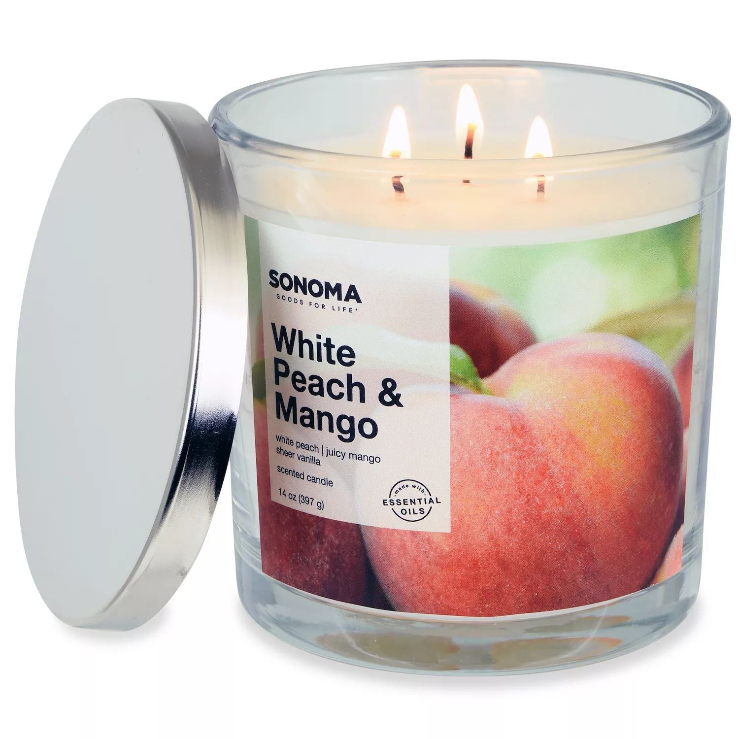 Sonoma Goods For Life White Peach Mango, 14 oz. Candle with 3 wicks