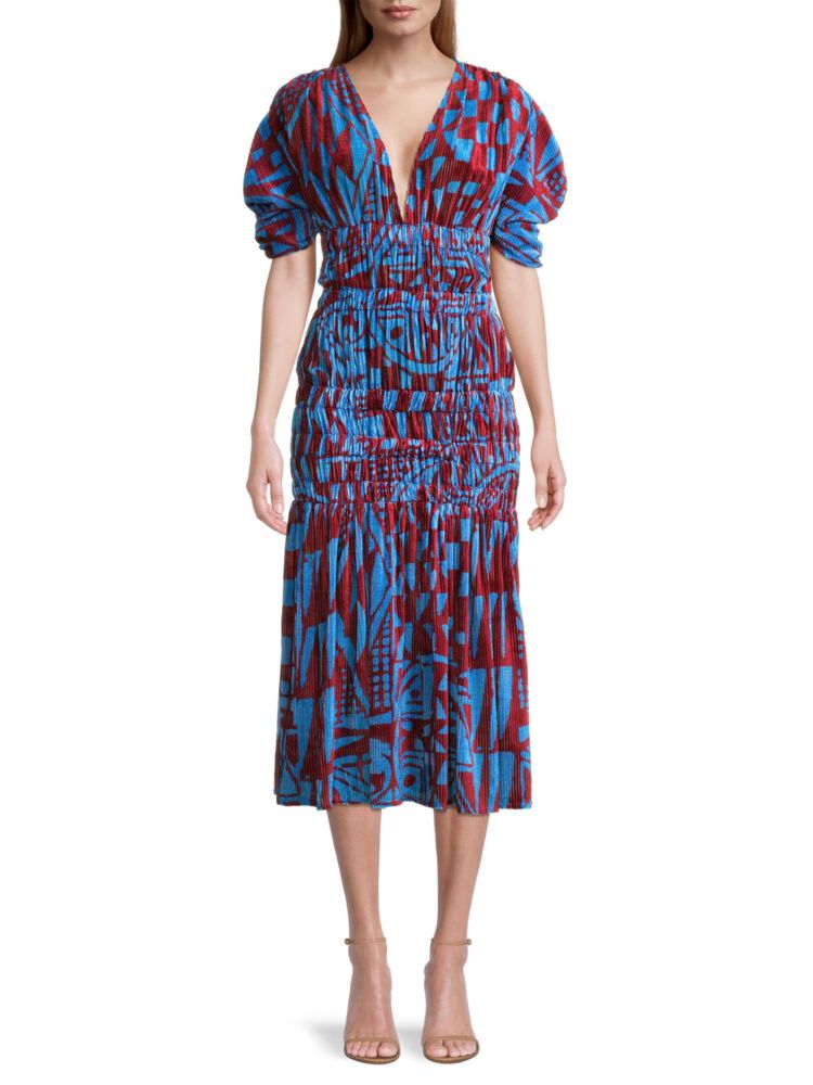 Stella Jean Velvet Ruched Midi Dress, Blue Multi