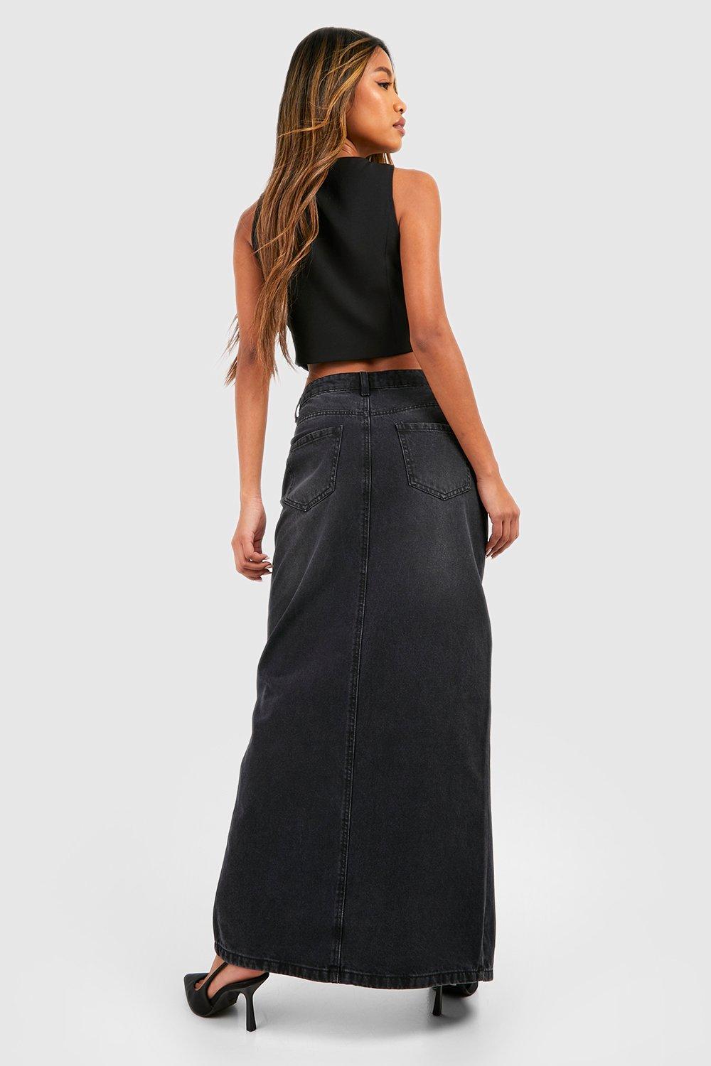 Boohoo Front Split Denim Maxi Skirt, Black