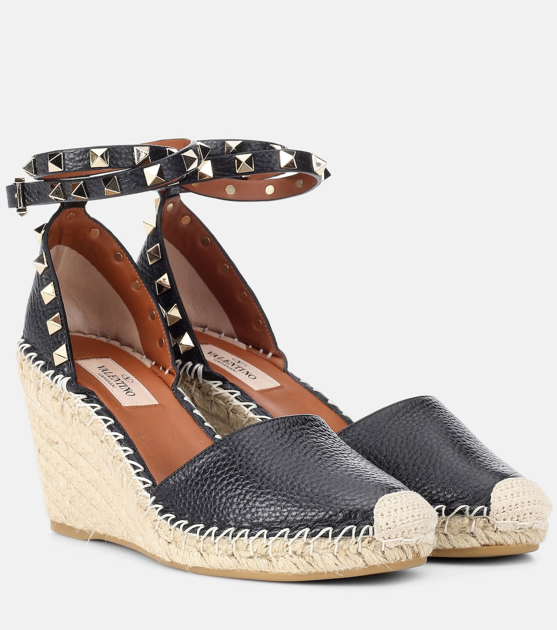 Rockstud Double Valentino Garavani Leather Wedge Espadrilles, Black