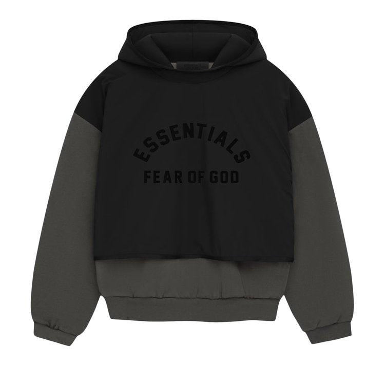 سترة Fear Of God Essentials المصنوعة من النايلون والصوف بغطاء للرأس باللون الأسود الداكن/النفاث، باللون الأسود