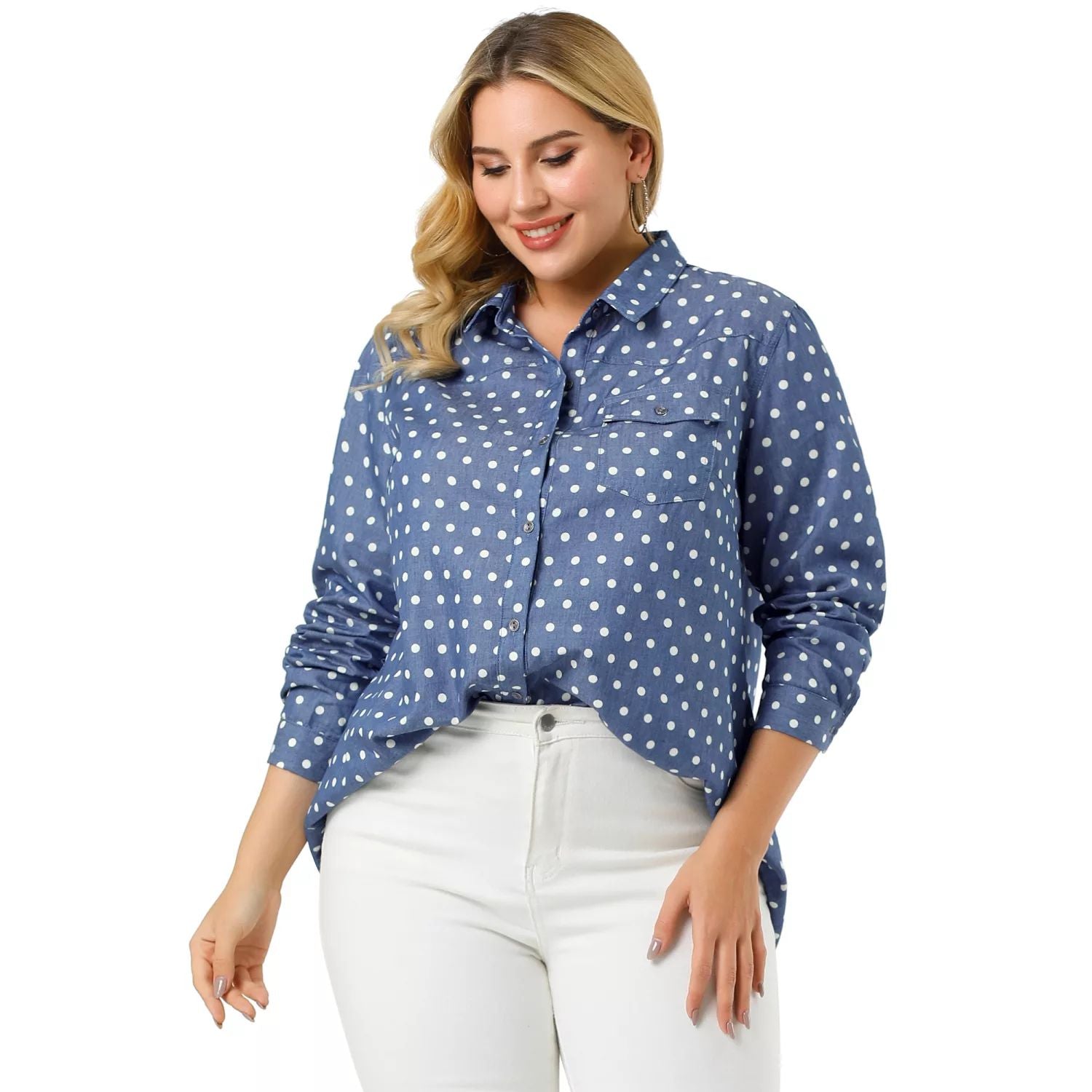 Agnes Orinda Women's Spring Plus Size Long Sleeve Button Down Denim Shirt ,  blue