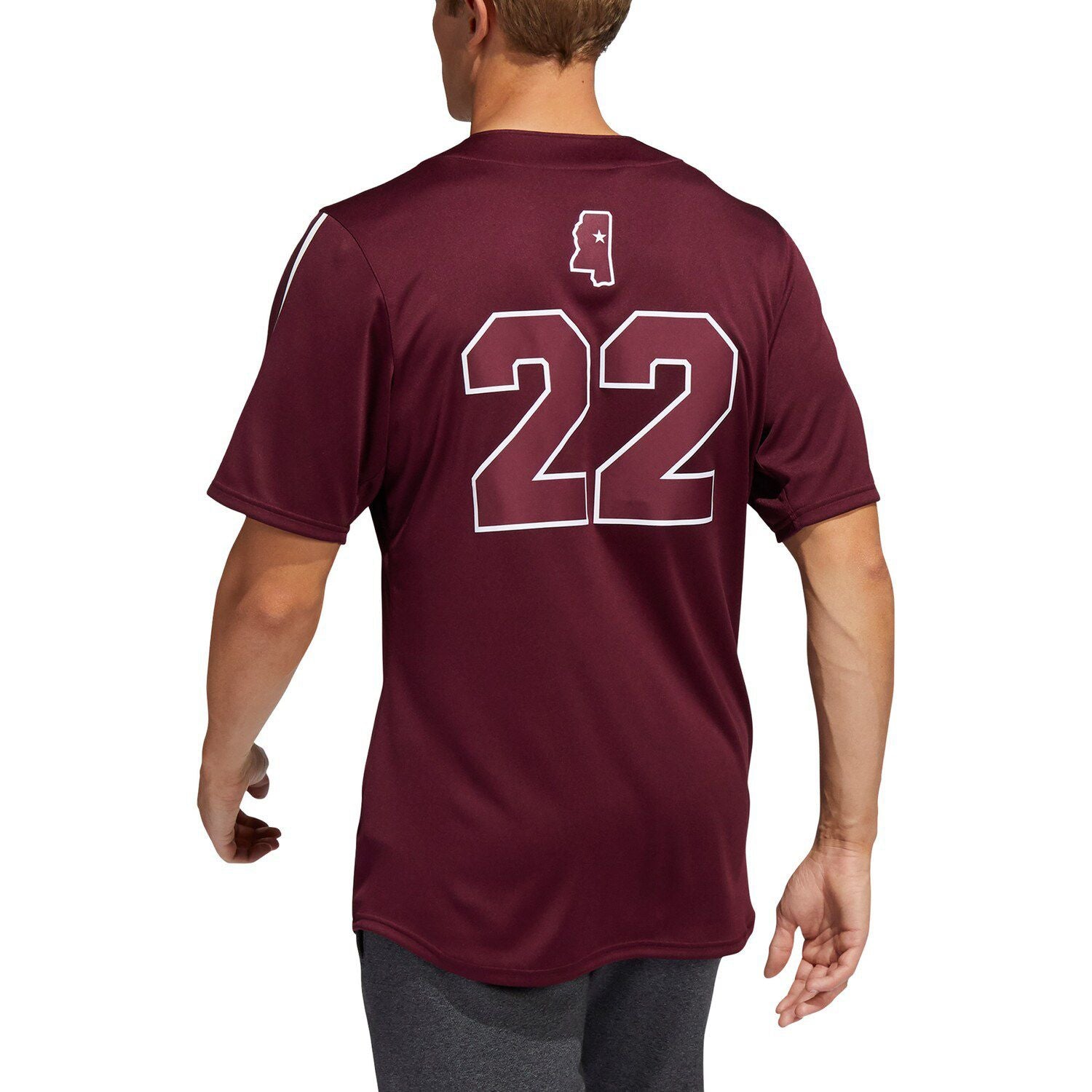 تي شيرت بيسبول رجالي من adidas No. 22 Maroon Mississippi State Bulldogs بأزرار