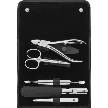 Cowhide 5 Piece Nail Care and Pedicure Manicure Set with Snap Closure, Black, Zwilling