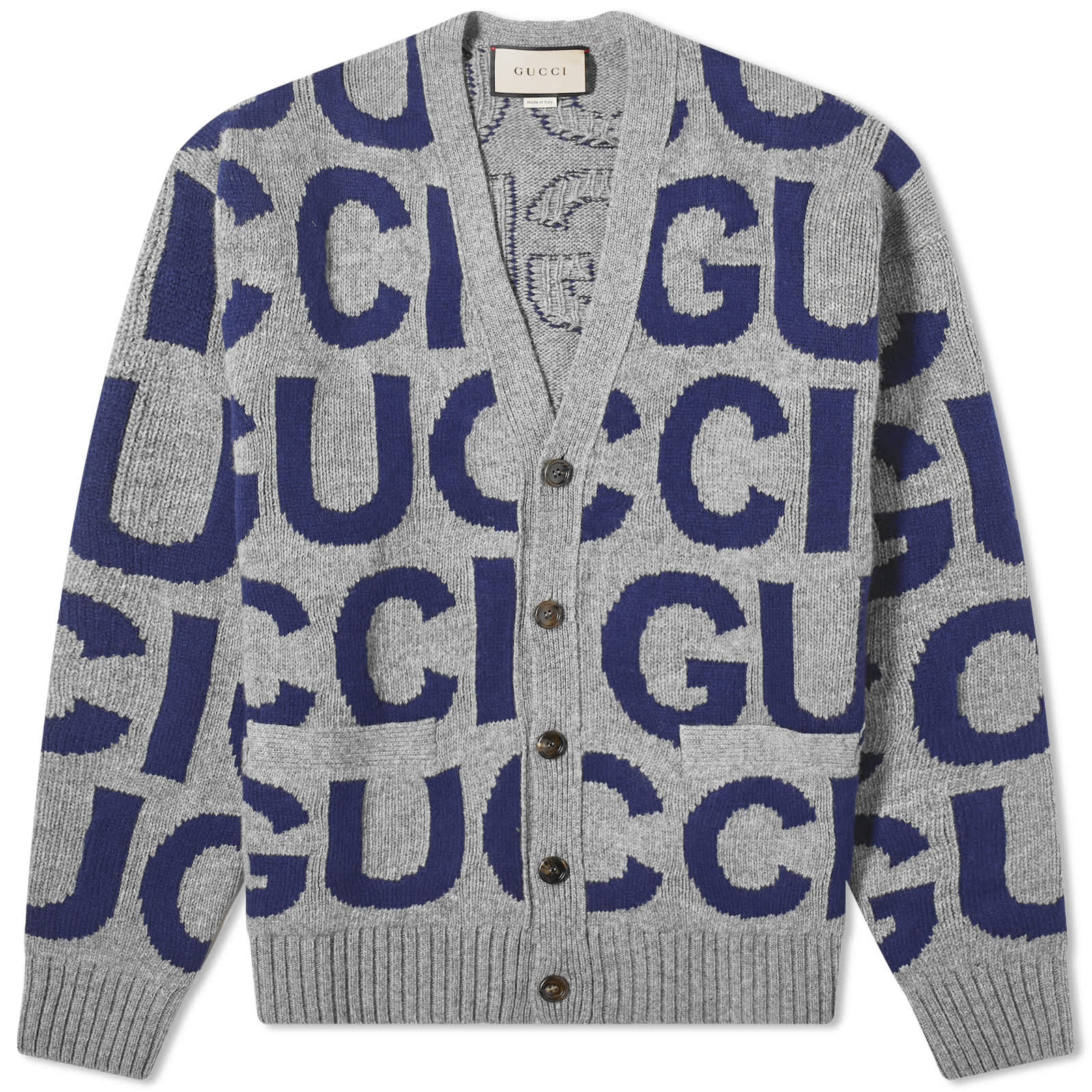 Gucci Intarsia Logo Knit Cardigan, Gray & Blue